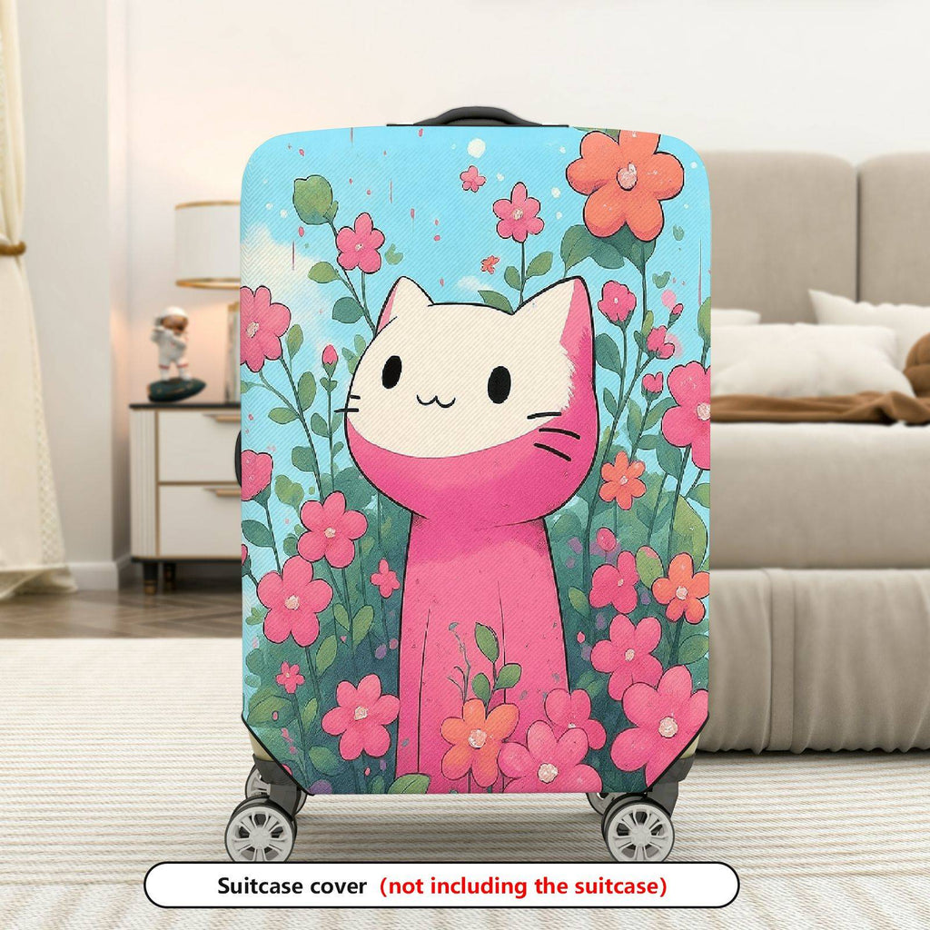 1-Piece Floral Cute Pink Cat  Suitcase Luggage Cover, Stretch Protective Sleeve