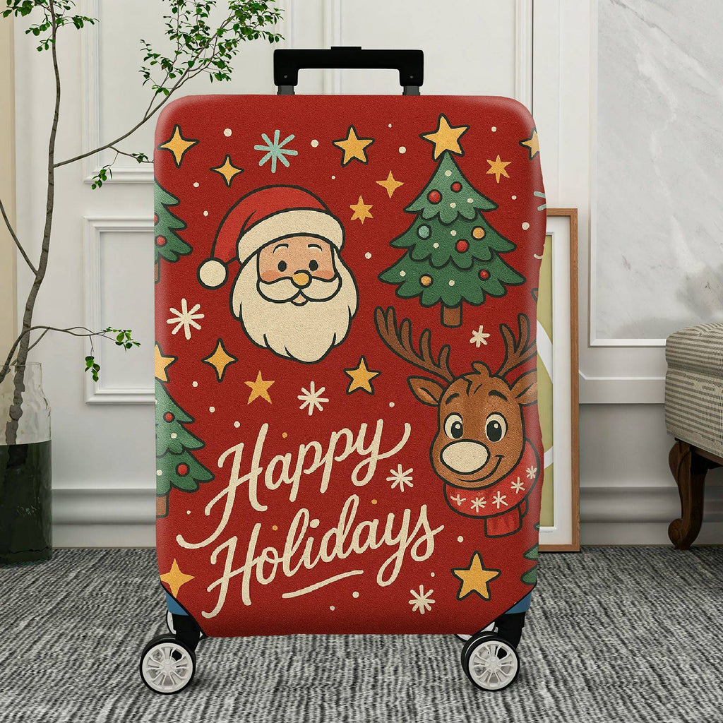 1-Piece Christmas Santa Reindeer Tree Stars Holidays  Suitcase Luggage Cover, Stretch Protective Sleeve