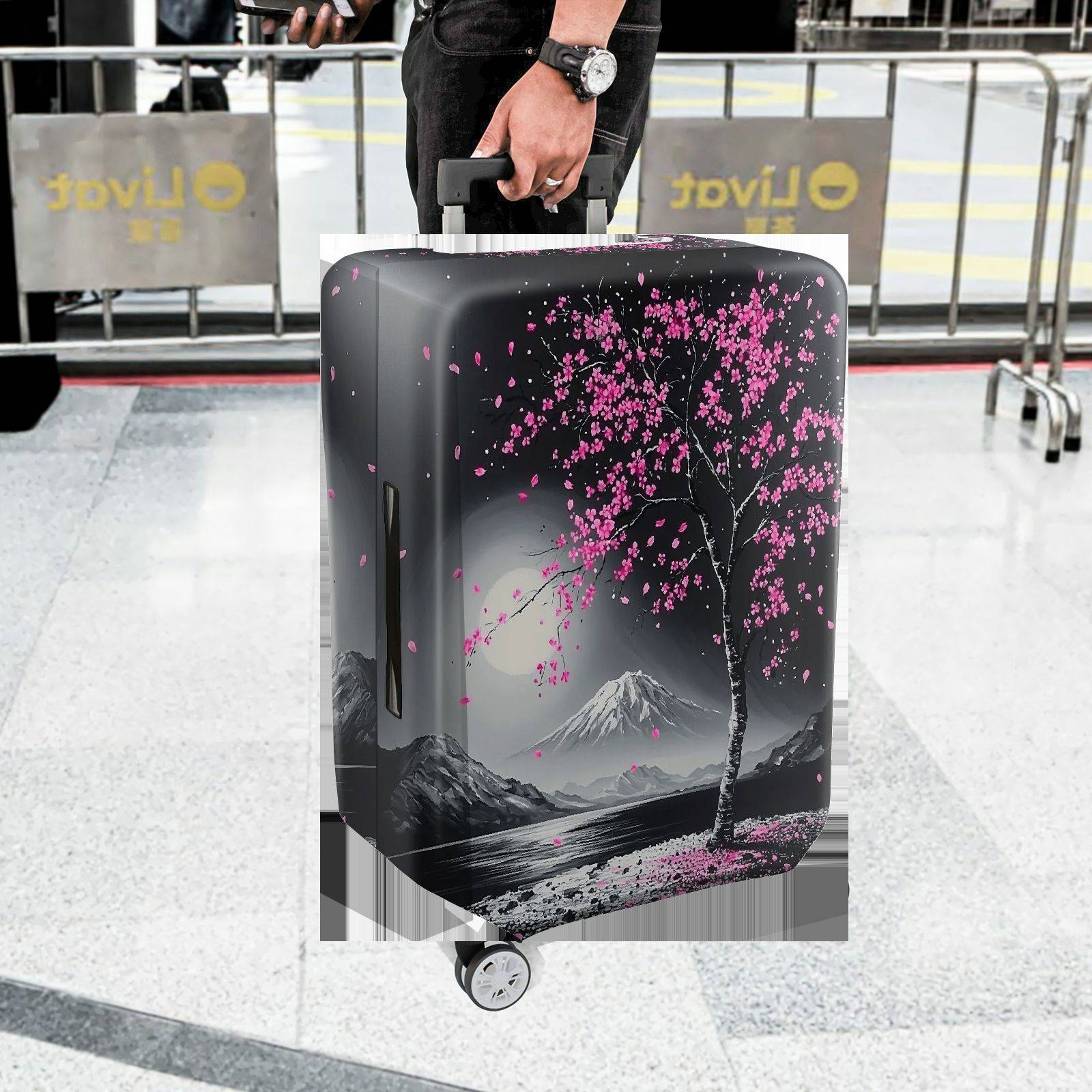 1-Piece Cherry Blossom Mountain Moon Scenic Artistic Nature Landscape  Suitcase Luggage Cover, Stretch Protective Sleeve