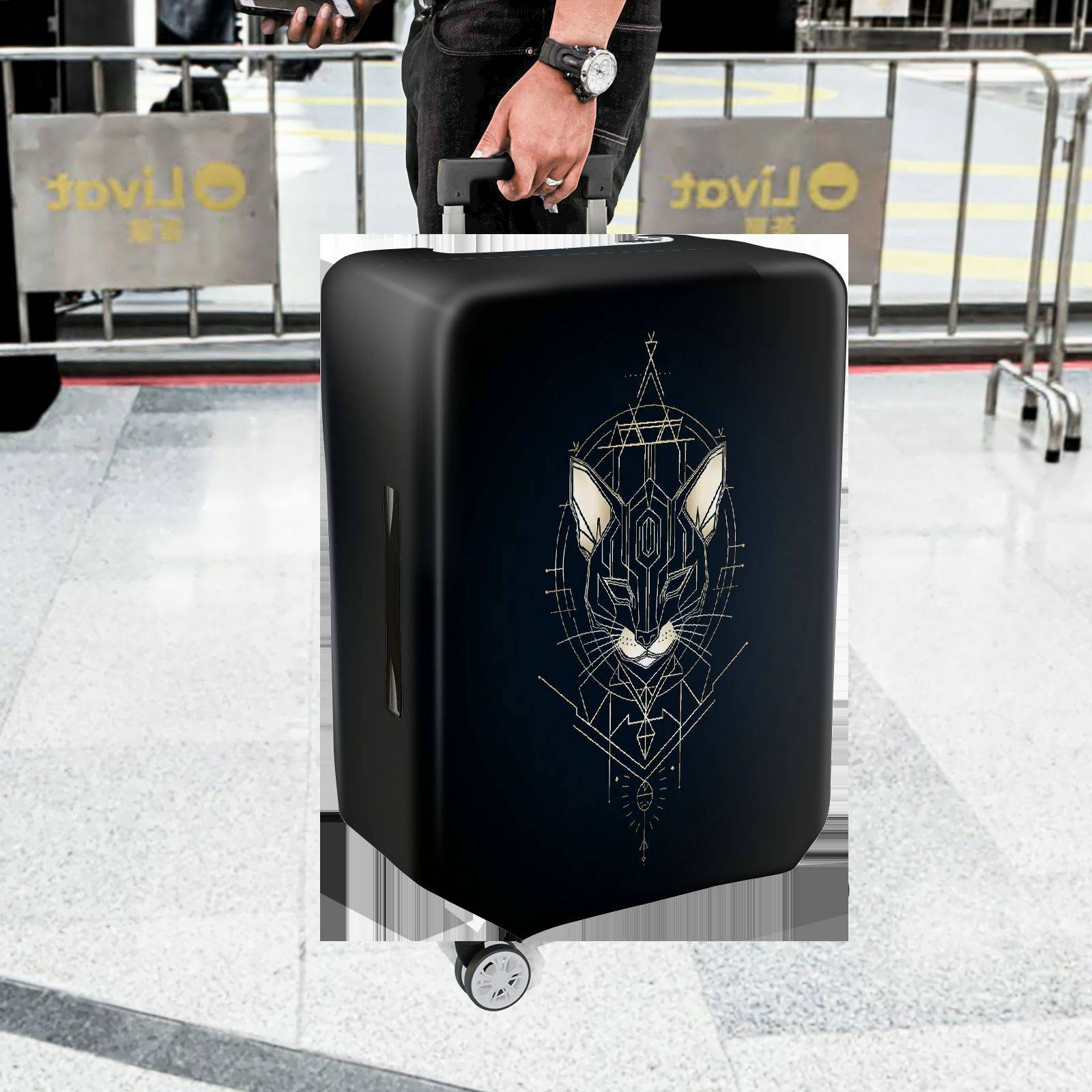 1-Piece Geometric Cat Art Design Black Modern Sleek Stylish  Suitcase Luggage Cover, Stretch Protective Sleeve