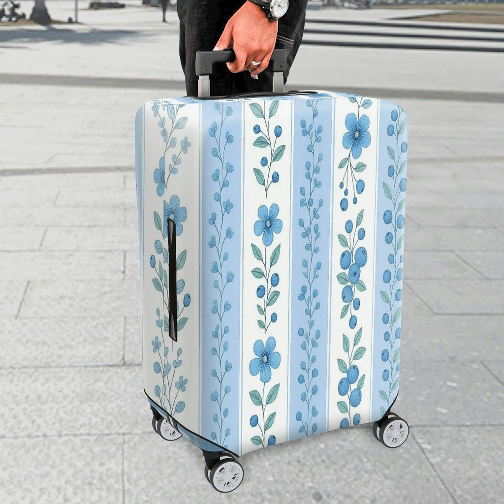 1-Piece Blue Floral Pattern Vertical Line Berry Leaf  Suitcase Luggage Cover, Stretch Protective Sleeve