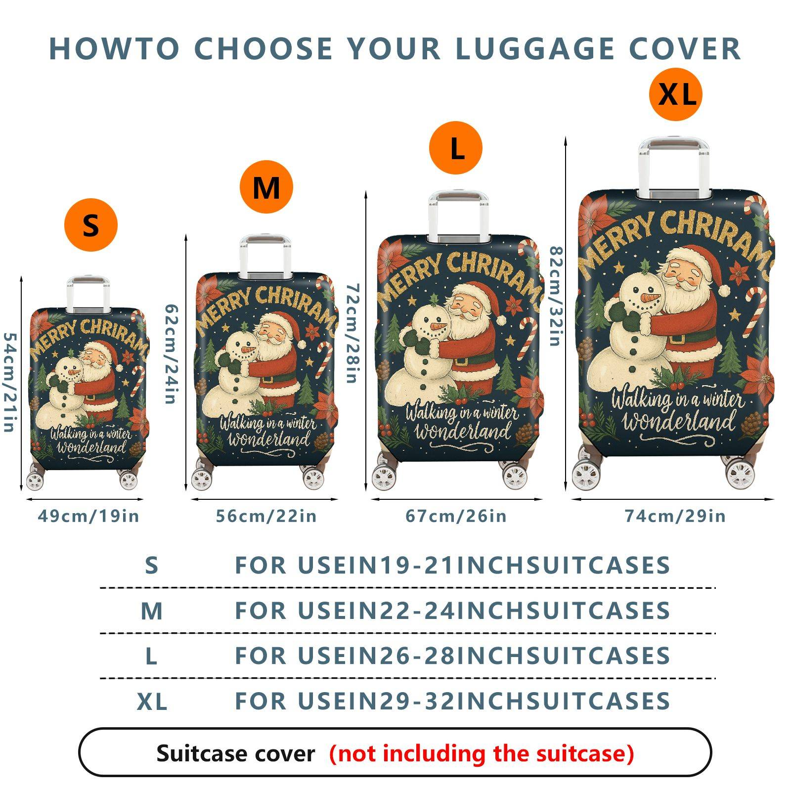 1-Piece Santa Snowman Christmas Winter Wonderland Holiday  Suitcase Luggage Cover, Stretch Protective Sleeve