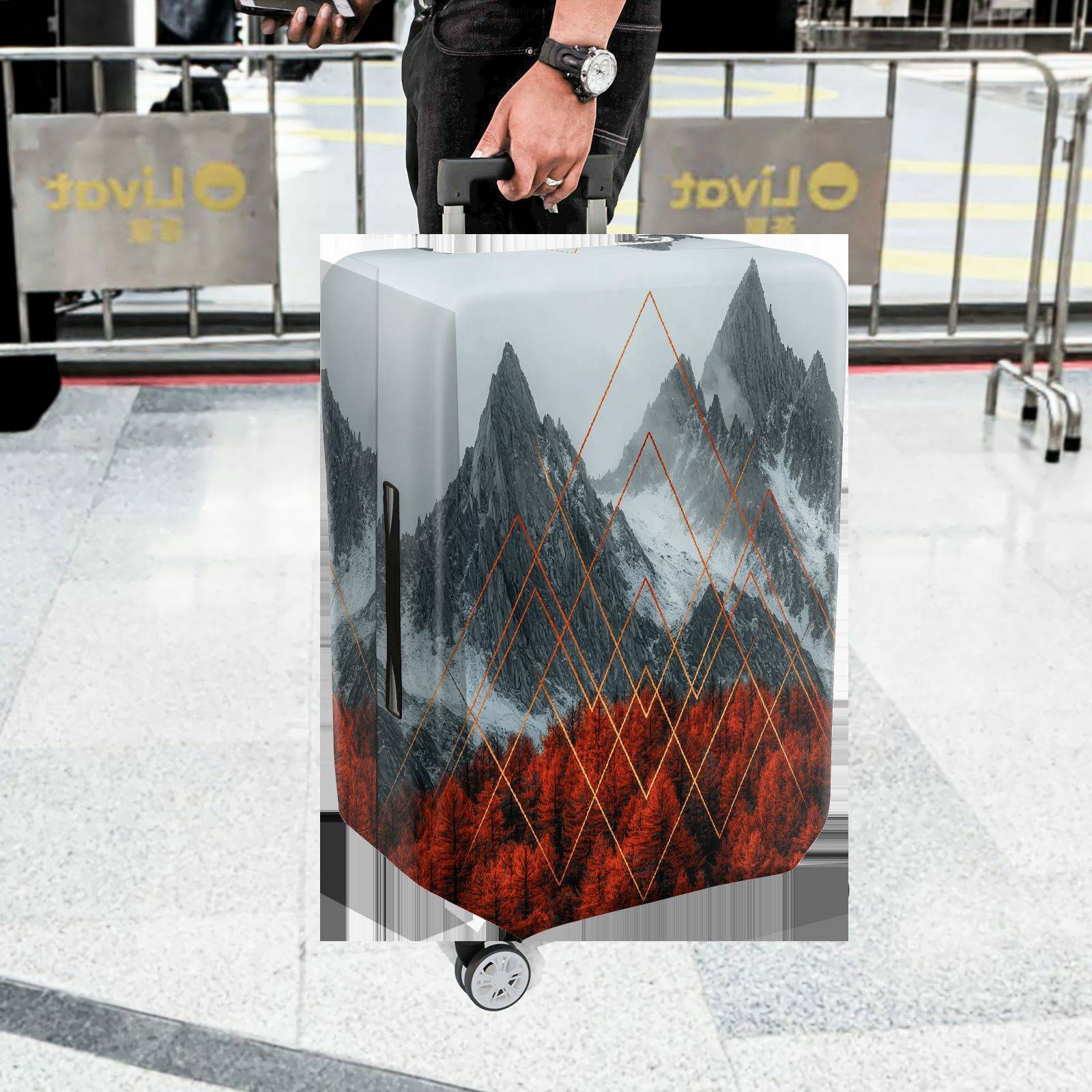 1-Piece Mountain Forest Geometric Red Orange Black  Suitcase Luggage Cover, Stretch Protective Sleeve