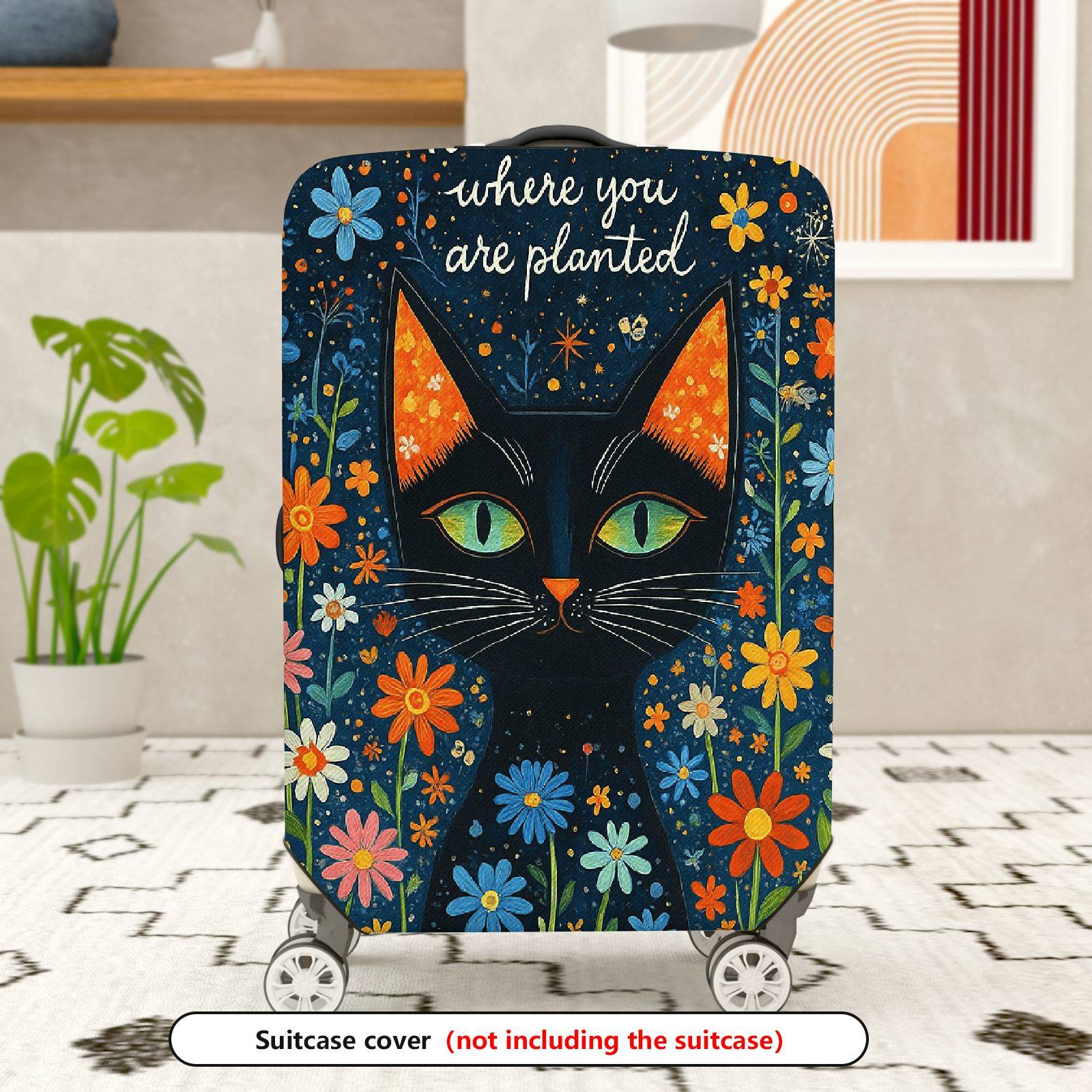 1-Piece Artistic Floral Cat Starry Night Inspirational Text  Suitcase Luggage Cover, Stretch Protective Sleeve