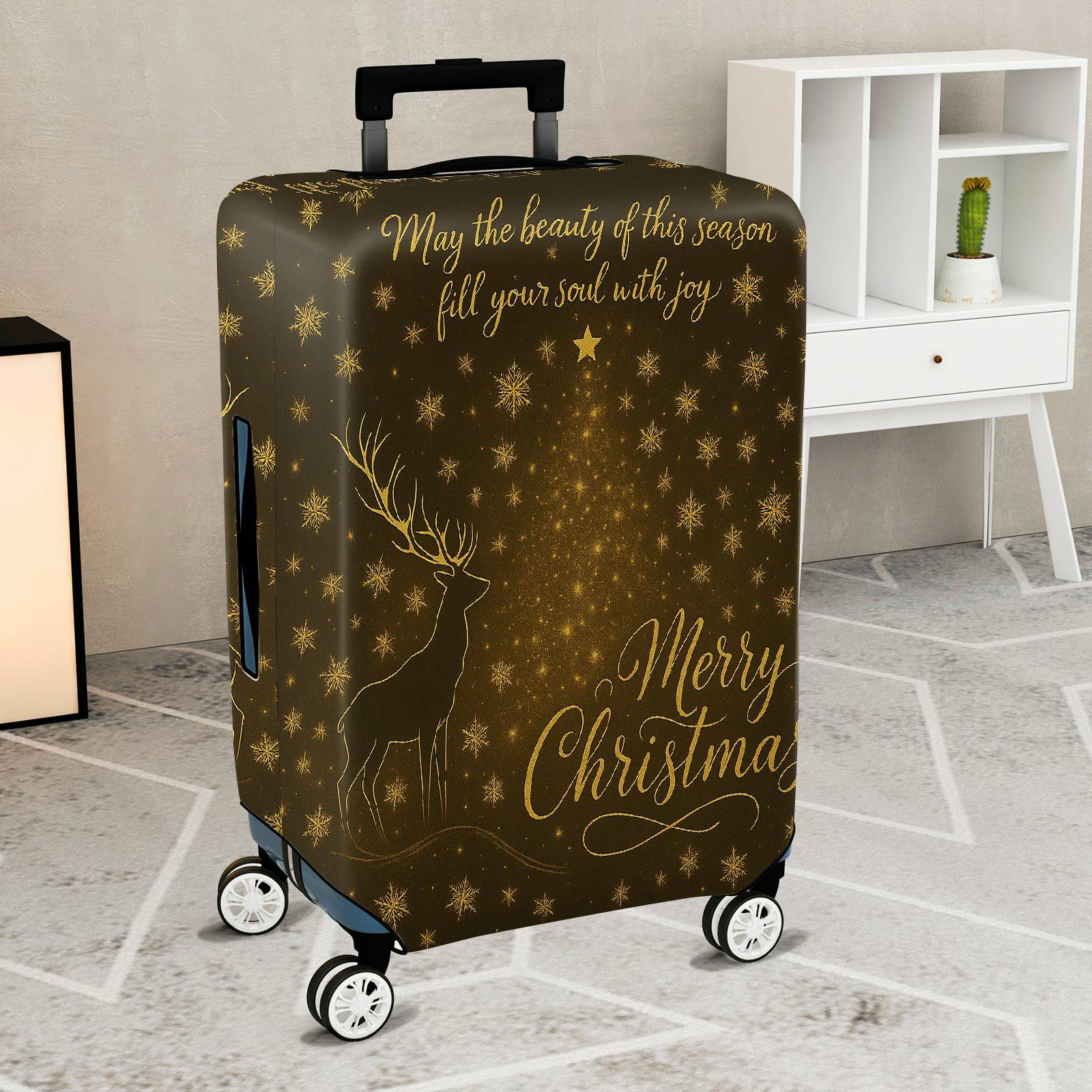 1-Piece Reindeer Snowflakes Gold Merry Christmas Holiday  Suitcase Luggage Cover, Stretch Protective Sleeve