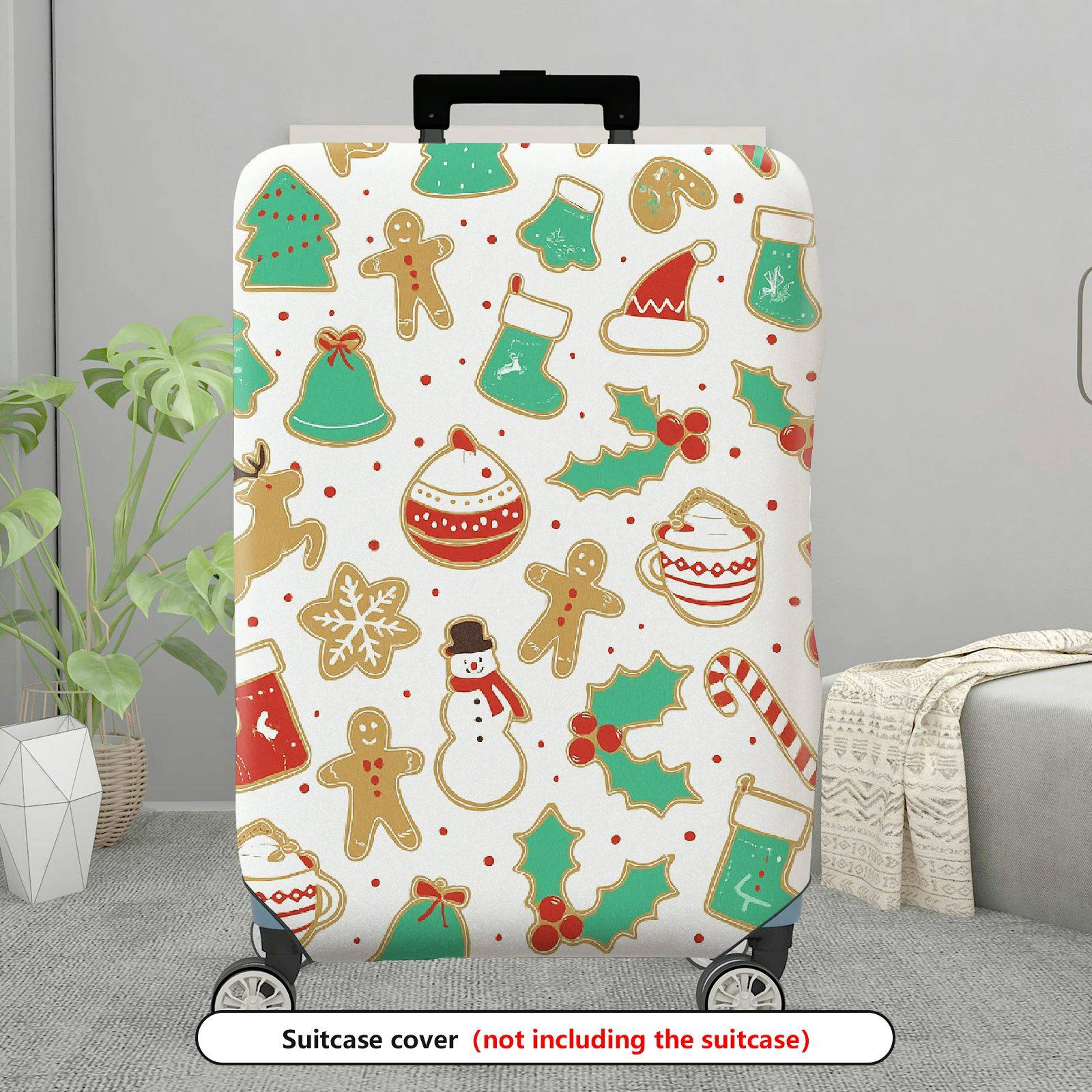 1-Piece Christmas Gingerbread Reindeer Snowman Festive Holiday  Suitcase Luggage Cover, Stretch Protective Sleeve