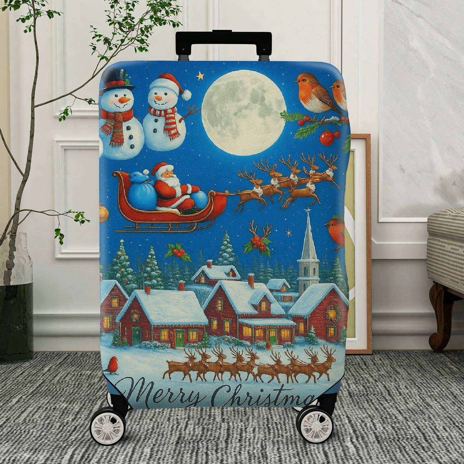 1-Piece Christmas Winter Santa Snowman Reindeer Holiday  Suitcase Luggage Cover, Stretch Protective Sleeve