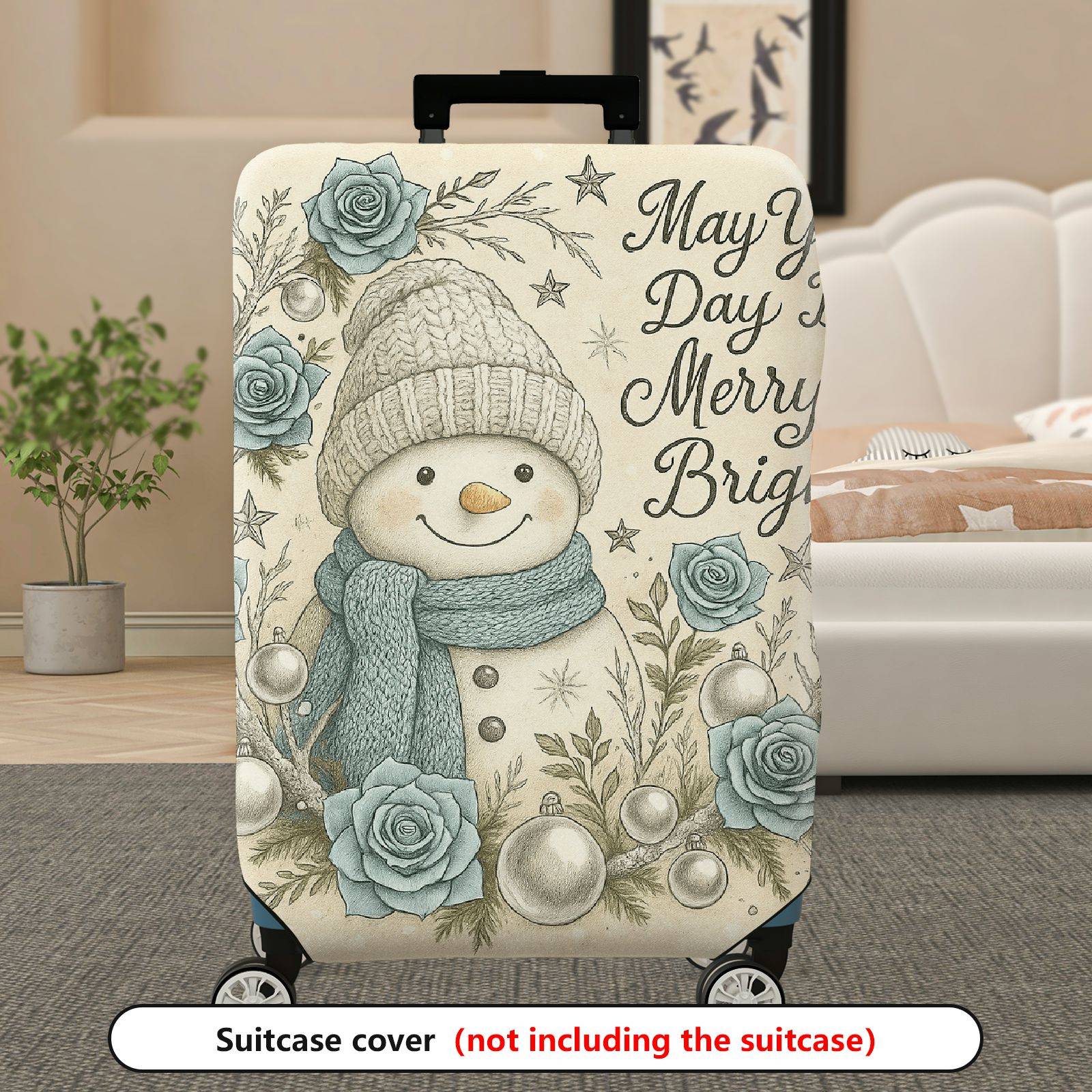 1-Piece Snowman Winter Holiday Christmas Floral Star  Suitcase Luggage Cover, Stretch Protective Sleeve