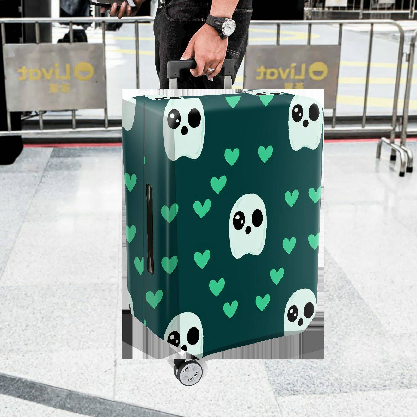 1-Piece Ghost Heart Love Cute Fun Green  Suitcase Luggage Cover, Stretch Protective Sleeve
