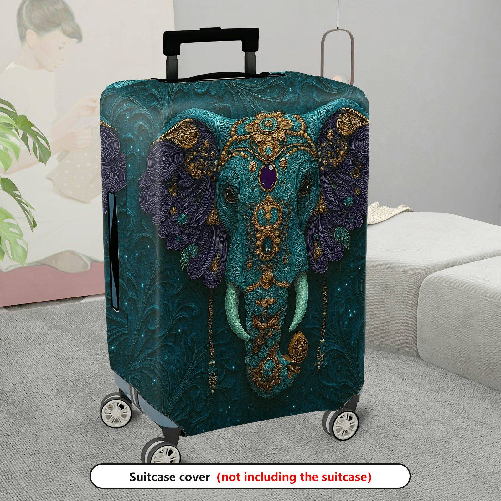1-Piece Artistic Elephant Intricate Teal Gold Gem Animal  Suitcase Luggage Cover, Stretch Protective Sleeve
