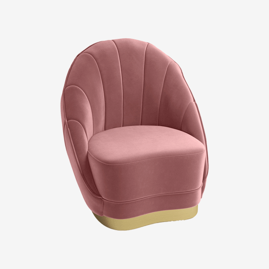 Fauteuil en velours rose vintage, piètement cerclage doré effet laiton