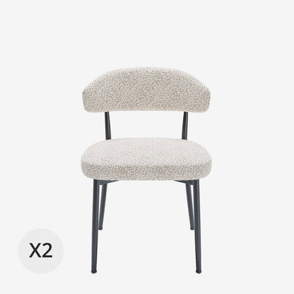 Lot de 2 chaises de salle à manger en tissu bouclette gris et blanc &amp; métal noir Mona