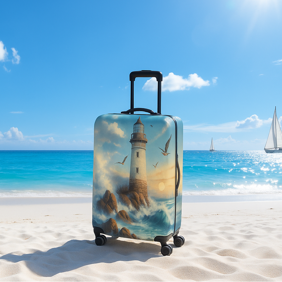 Housse de valise extensible avec phare, vagues, mouettes et coucher de soleil (1 pièce), motif paysage.