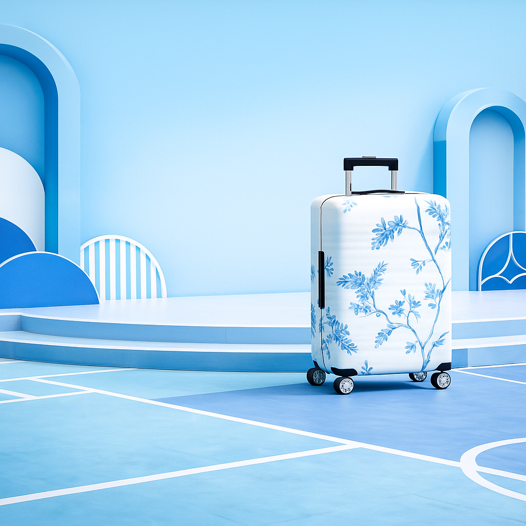 Housse de valise extensible à motif floral blanc et bleu (1 pièce), avec pochette de protection.