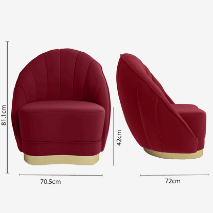 Fauteuil en velours bordeaux, piètement cerclage doré effet laiton