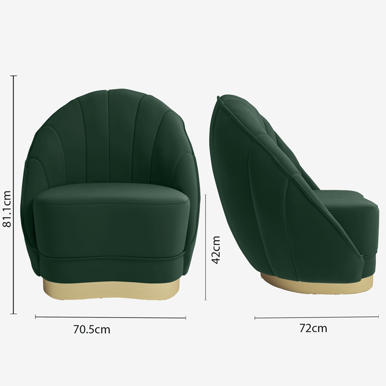 Fauteuil en velours vert sapin, piètement cerclage doré effet laiton