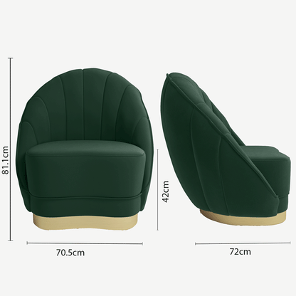Fauteuil en velours vert sapin, piètement cerclage doré effet laiton