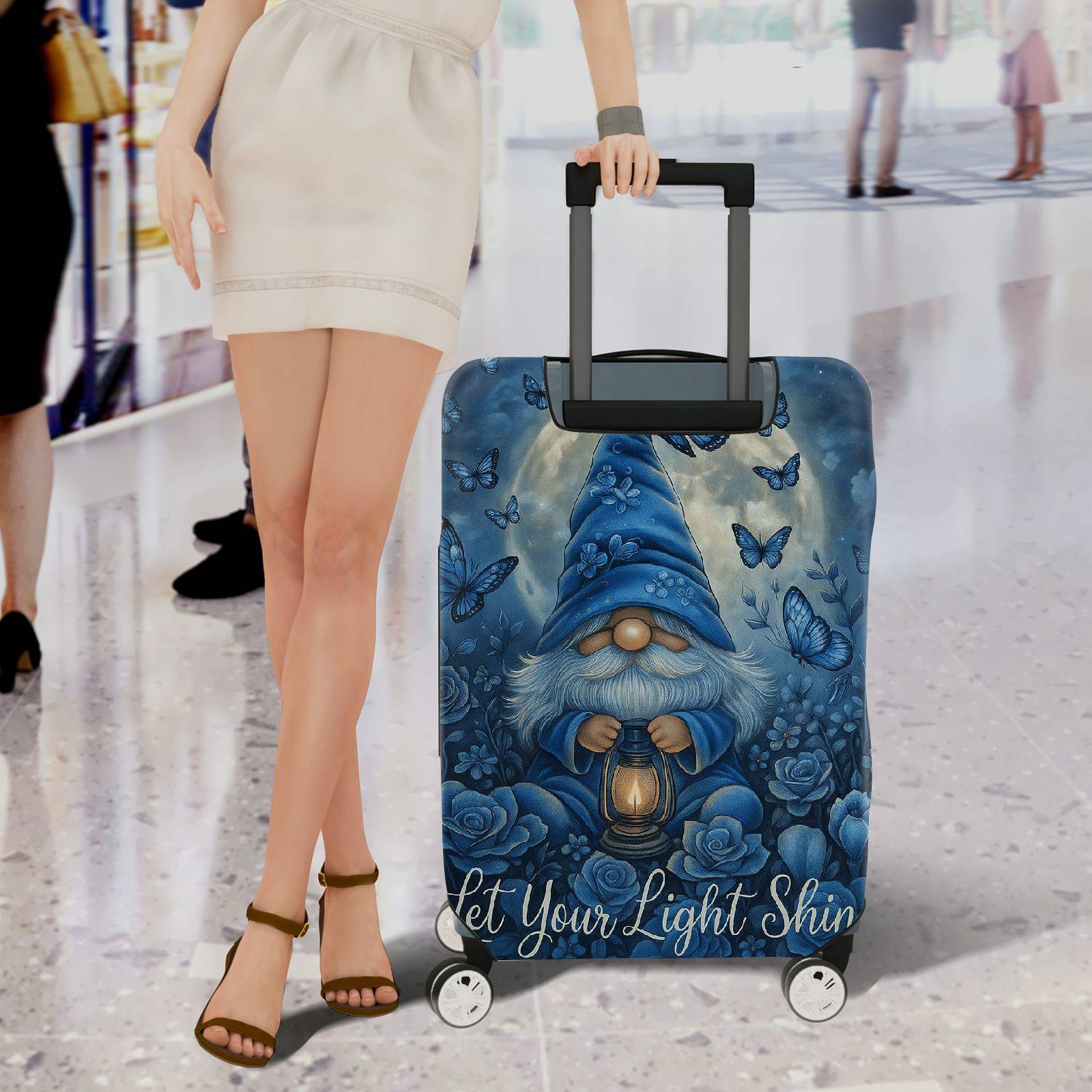 1-Piece Blue Gnome Lantern Moon Butterfly Floral  Suitcase Luggage Cover, Stretch Protective Sleeve