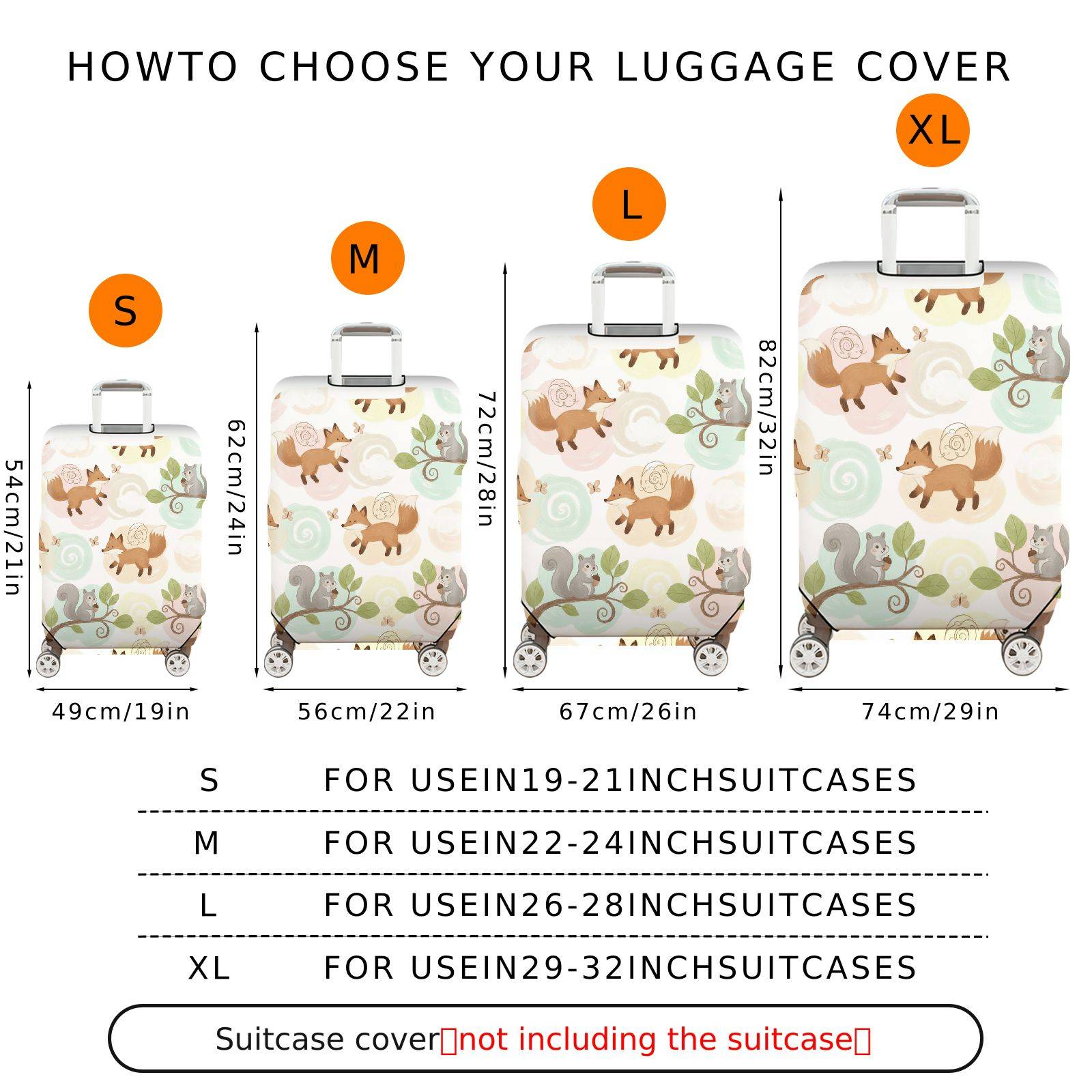 1-Piece Animal Forest Nature Fox Squirrel  Suitcase Luggage Cover, Stretch Protective Sleeve