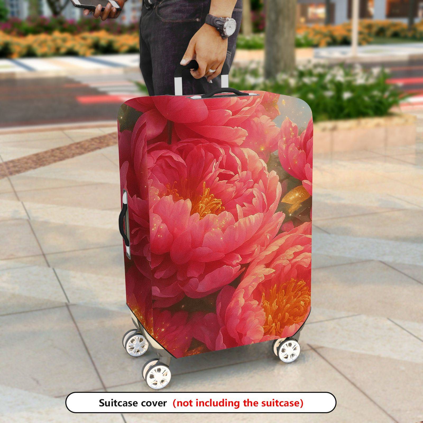 1-Piece Floral Peony Pink Sparkle Artistic Nature  Suitcase Luggage Cover, Stretch Protective Sleeve
