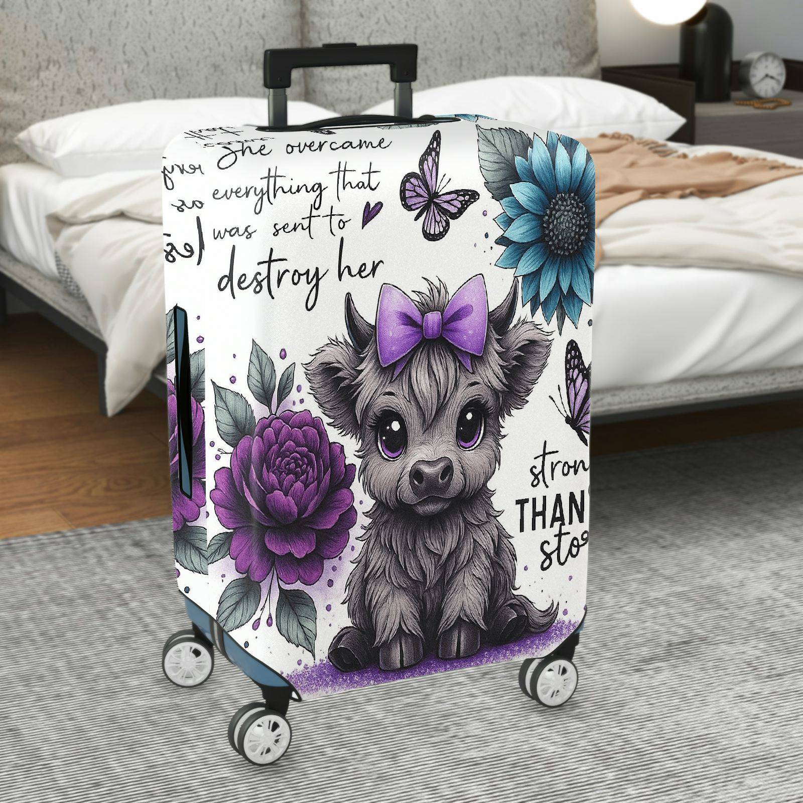 1-Piece Cute Floral Butterfly Cow Feminine Inspirational Quote  Suitcase Luggage Cover, Stretch Protective Sleeve