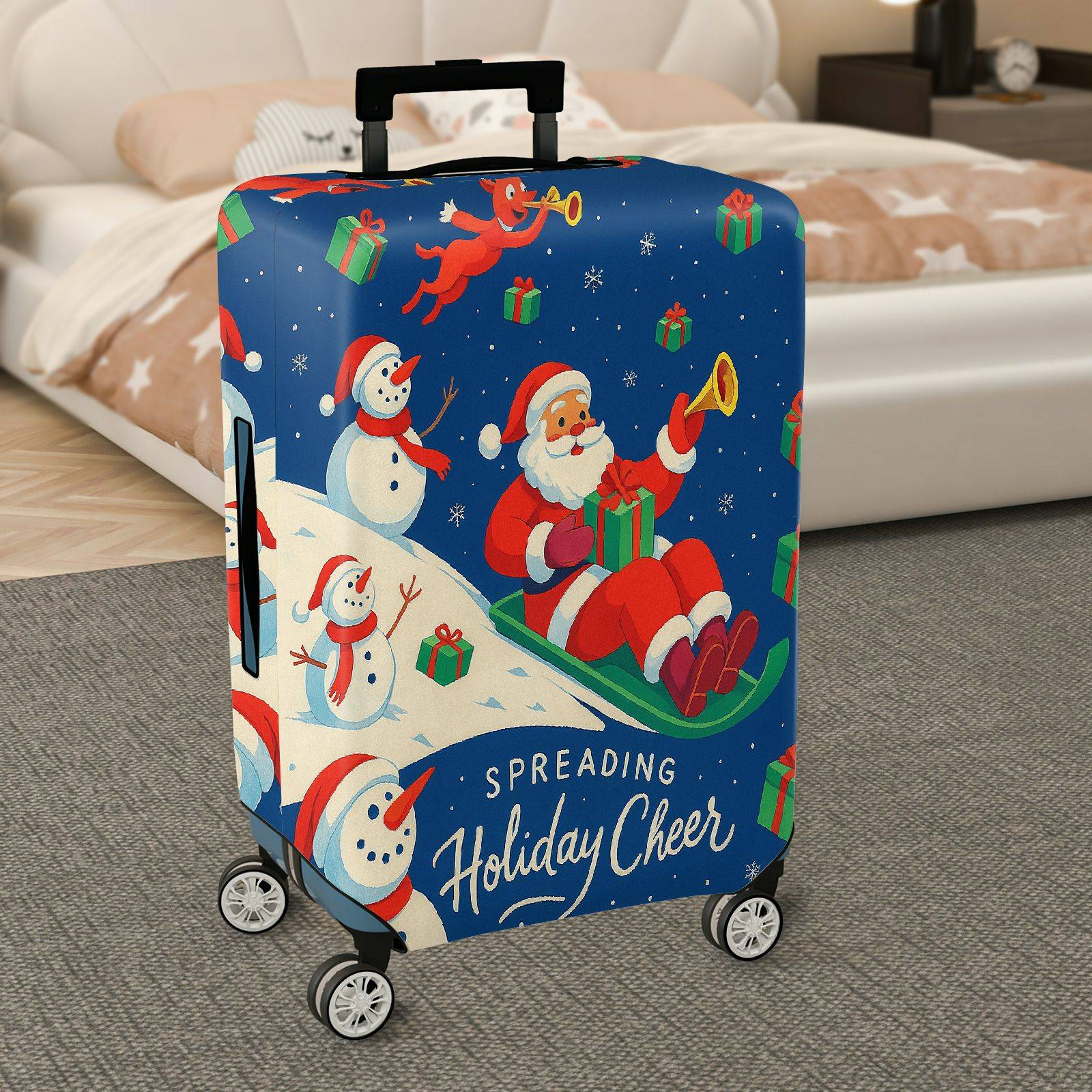 1-Piece Santa Reindeer Snowman Gifts Christmas Holiday  Suitcase Luggage Cover, Stretch Protective Sleeve