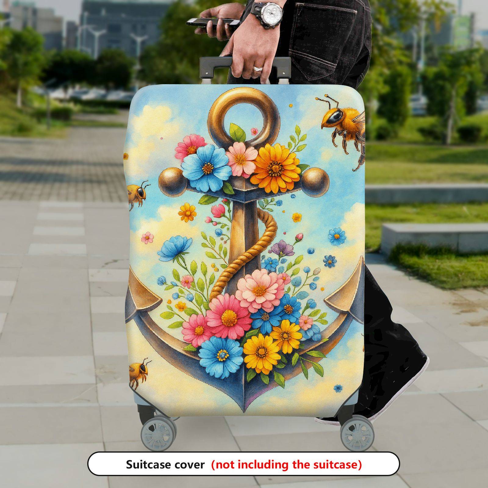 1-Piece Anchor Floral Ocean Bee Clouds Colorful  Suitcase Luggage Cover, Stretch Protective Sleeve