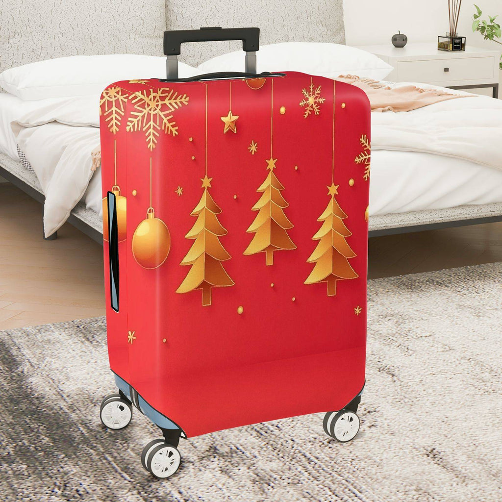 1-Piece Red Gold Christmas Tree Snowflake Ornament Holiday  Suitcase Luggage Cover, Stretch Protective Sleeve