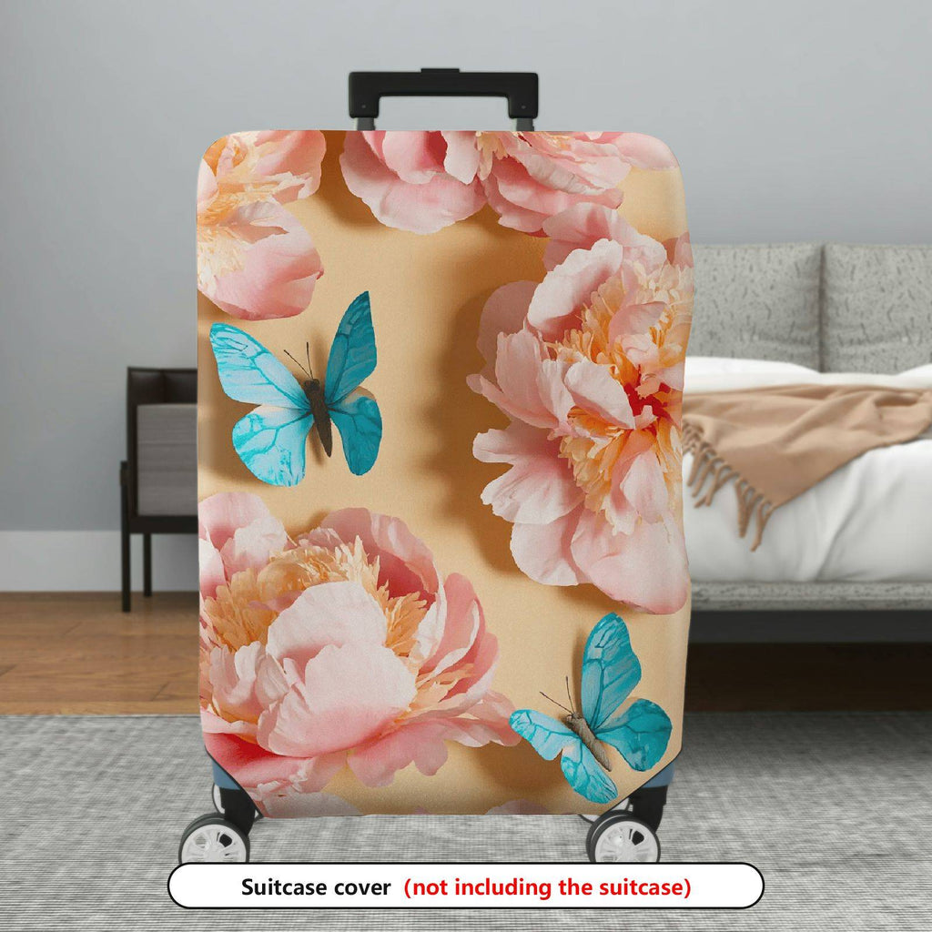1-Piece Pink Floral Blue Butterfly Travel Holiday Luggage  Suitcase Luggage Cover, Stretch Protective Sleeve