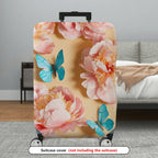 1-Piece Pink Floral Blue Butterfly Travel Holiday Luggage  Suitcase Luggage Cover, Stretch Protective Sleeve