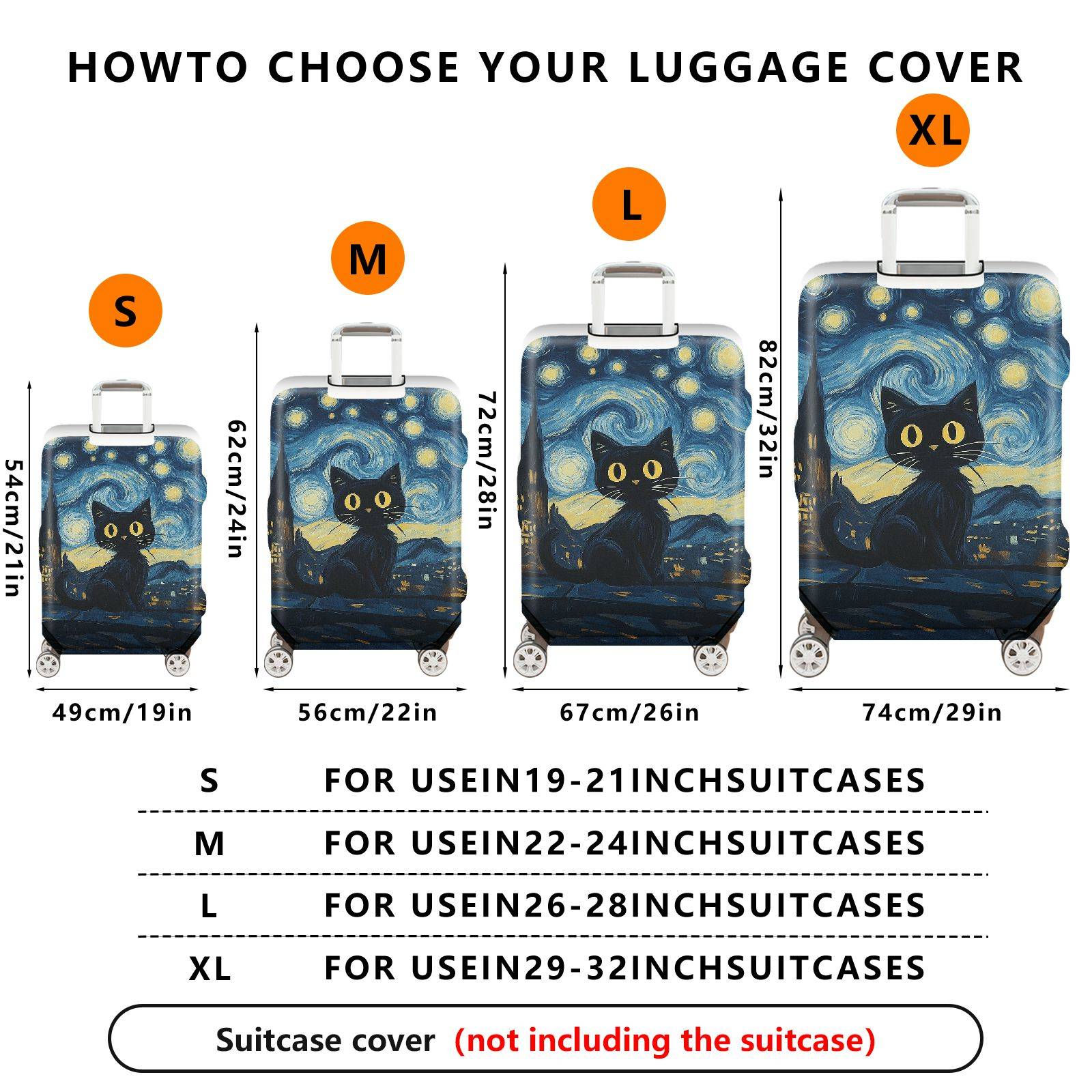 1-Piece Starry Night Cat Landscape Artistic Moon Travel  Suitcase Luggage Cover, Stretch Protective Sleeve