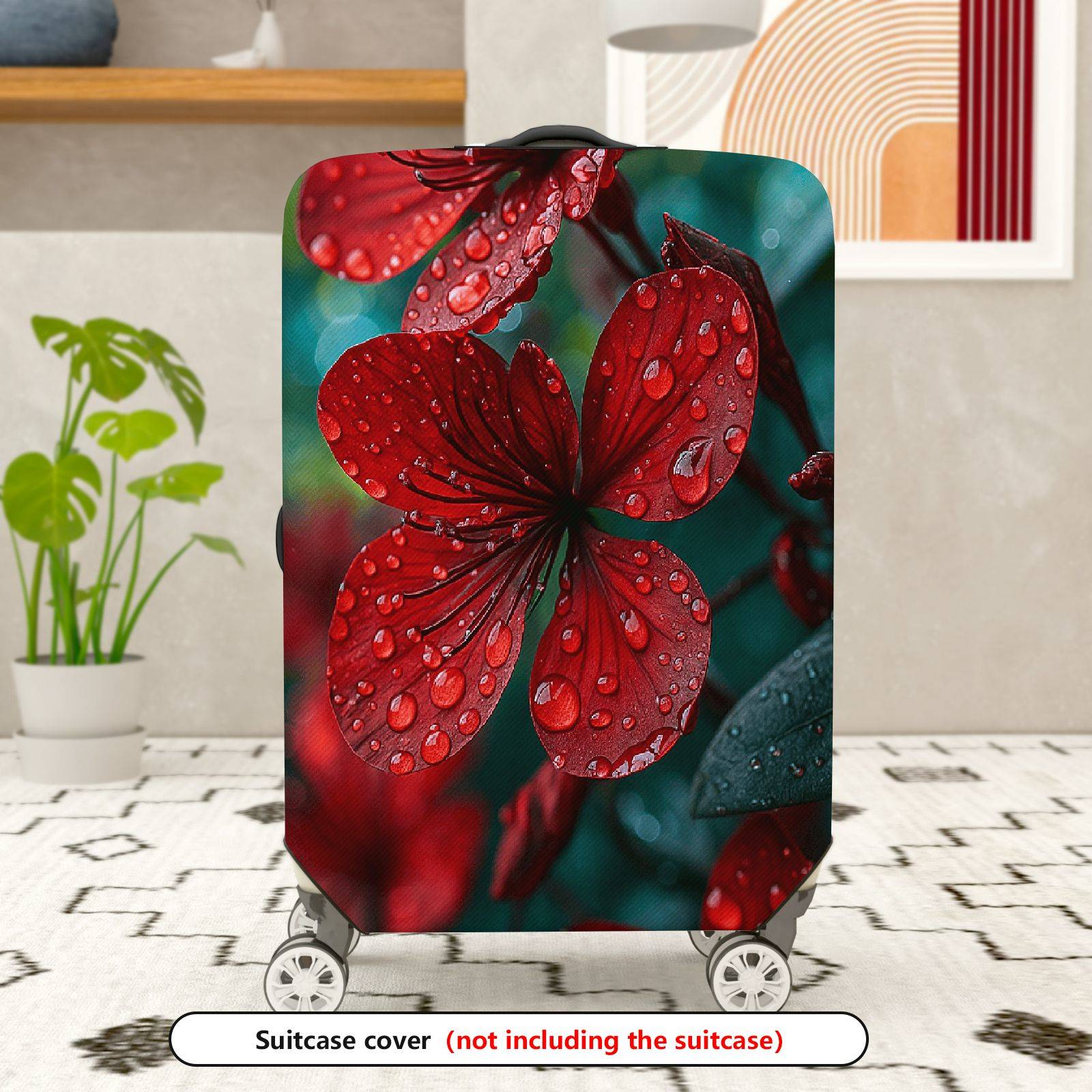 1-Piece Red Flower Nature Raindrop Floral Art Botanical  Suitcase Luggage Cover, Stretch Protective Sleeve