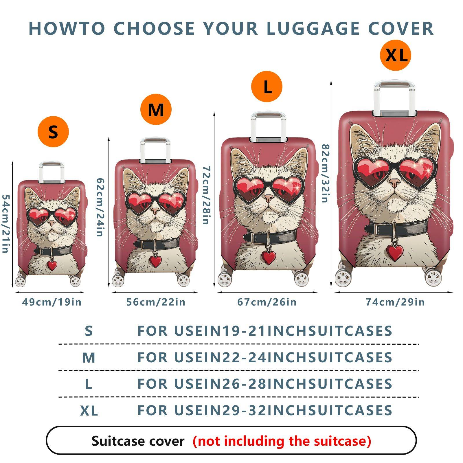 1-Piece Cat Sunglasses Heart Pink Cute  Suitcase Luggage Cover, Stretch Protective Sleeve