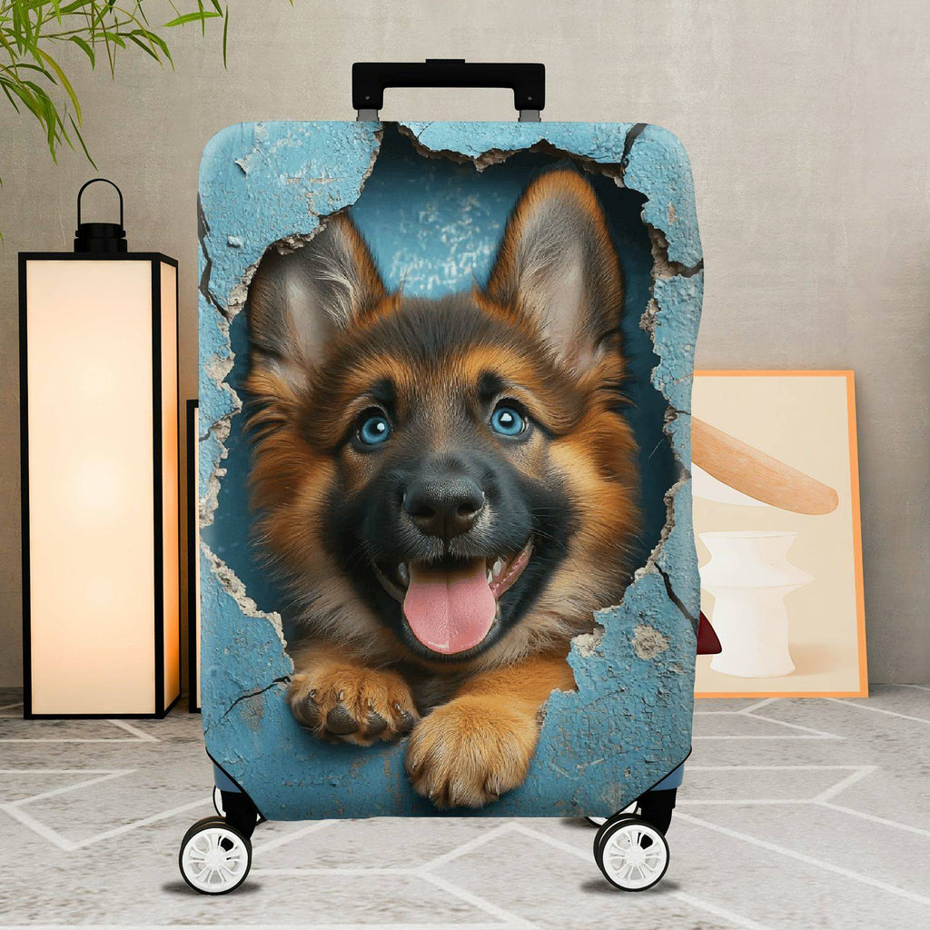 1-Piece Cute German Shepherd Puppy Animal Realistic 3D Print Blue  Suitcase Luggage Cover, Stretch Protective Sleeve