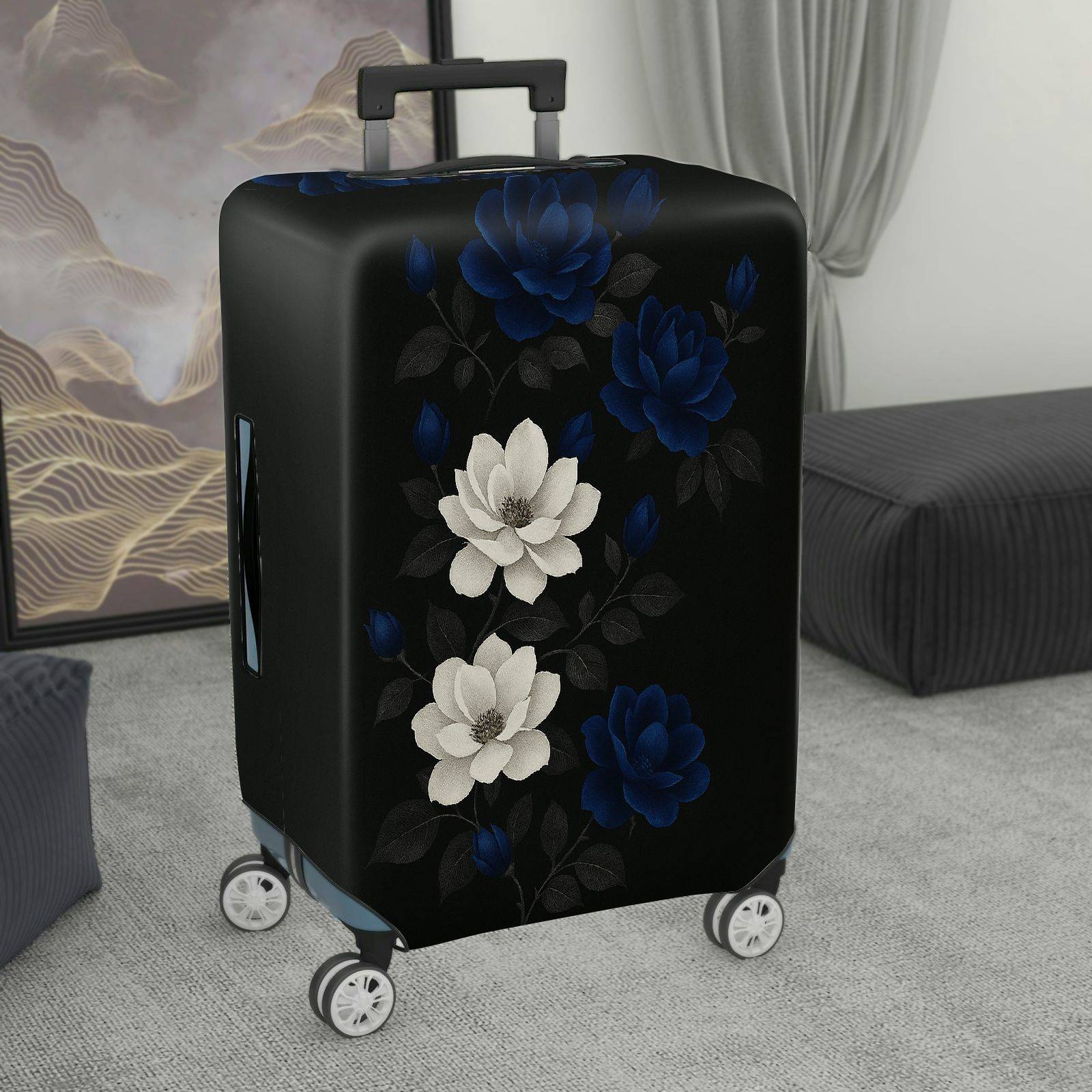 1-Piece Black Floral White Blue Elegant Chic Artistic  Suitcase Luggage Cover, Stretch Protective Sleeve