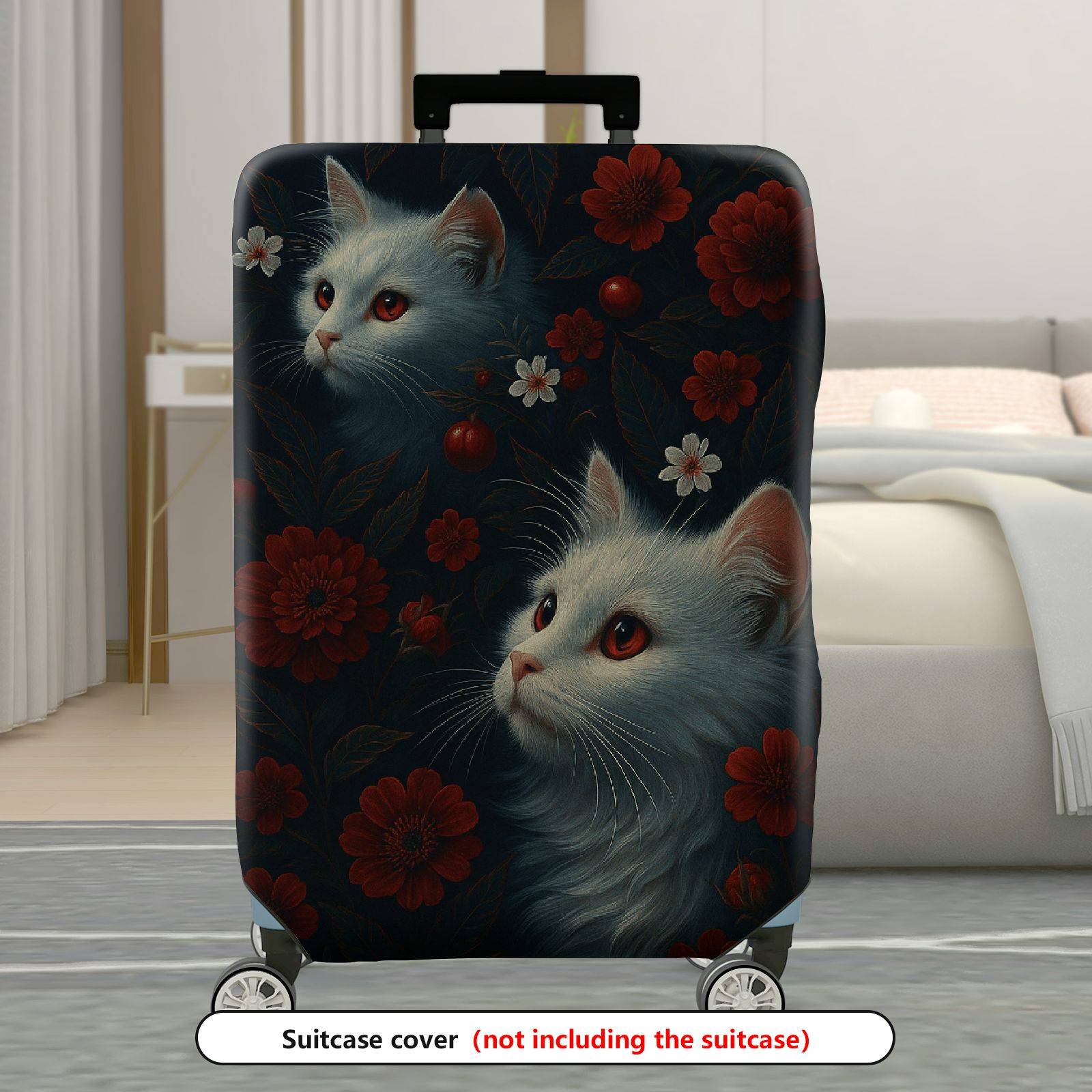 1-Piece Cat Floral Red Black White Nature Artistic Cute  Suitcase Luggage Cover, Stretch Protective Sleeve