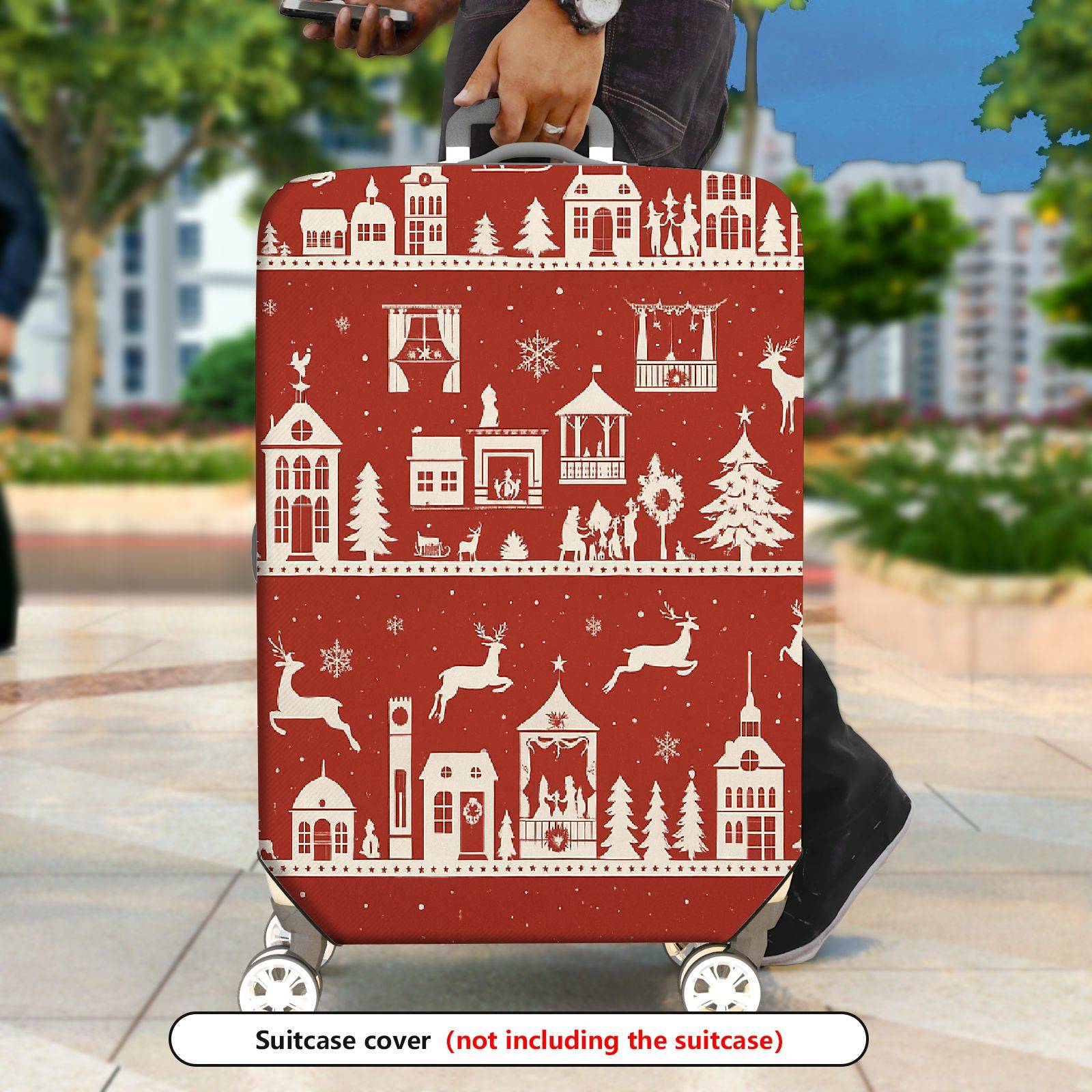 1-Piece Christmas Holiday Winter Reindeer Village Snowflakes  Suitcase Luggage Cover, Stretch Protective Sleeve