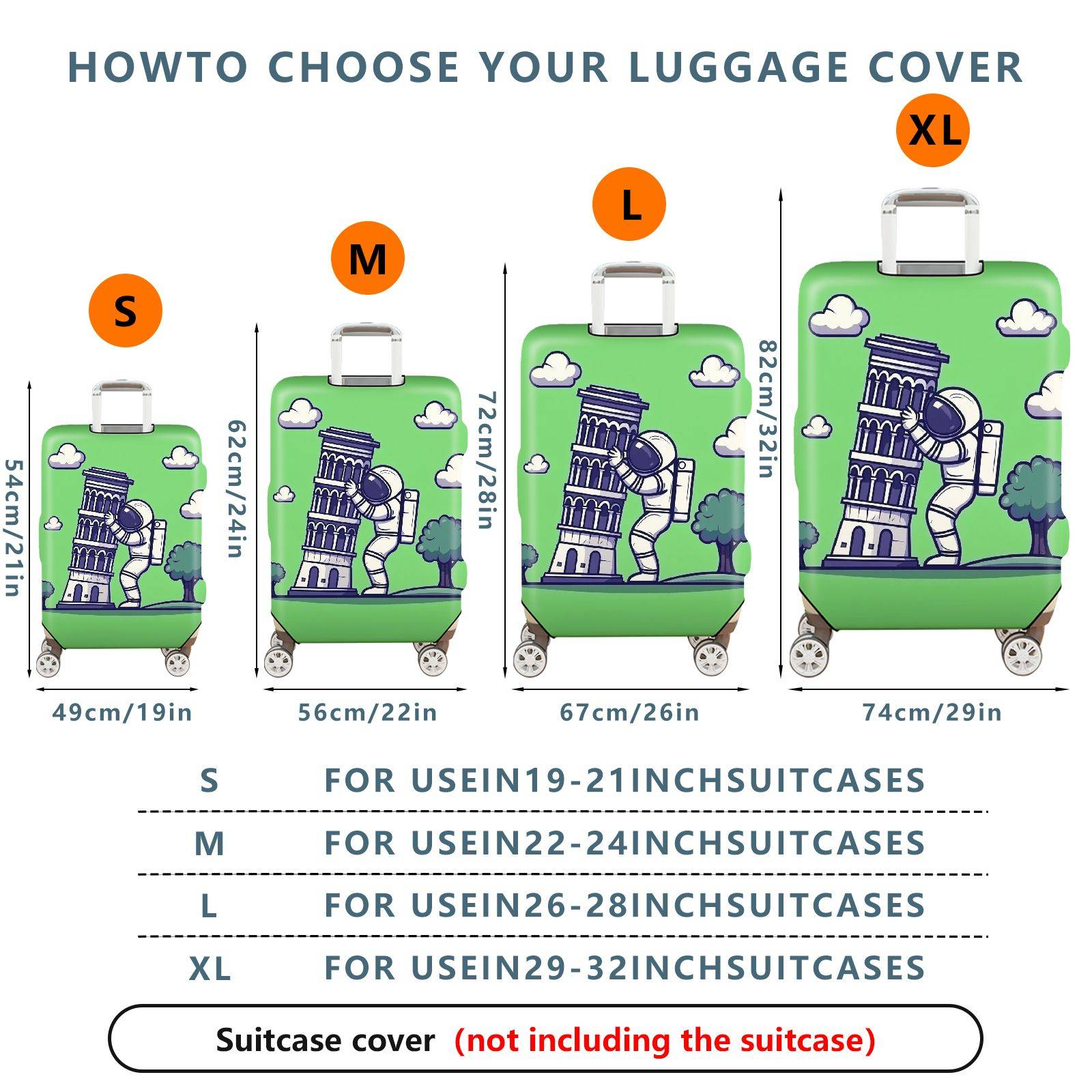 1-Piece Astronaut Pisa Tower Clouds Trees Green  Suitcase Luggage Cover, Stretch Protective Sleeve