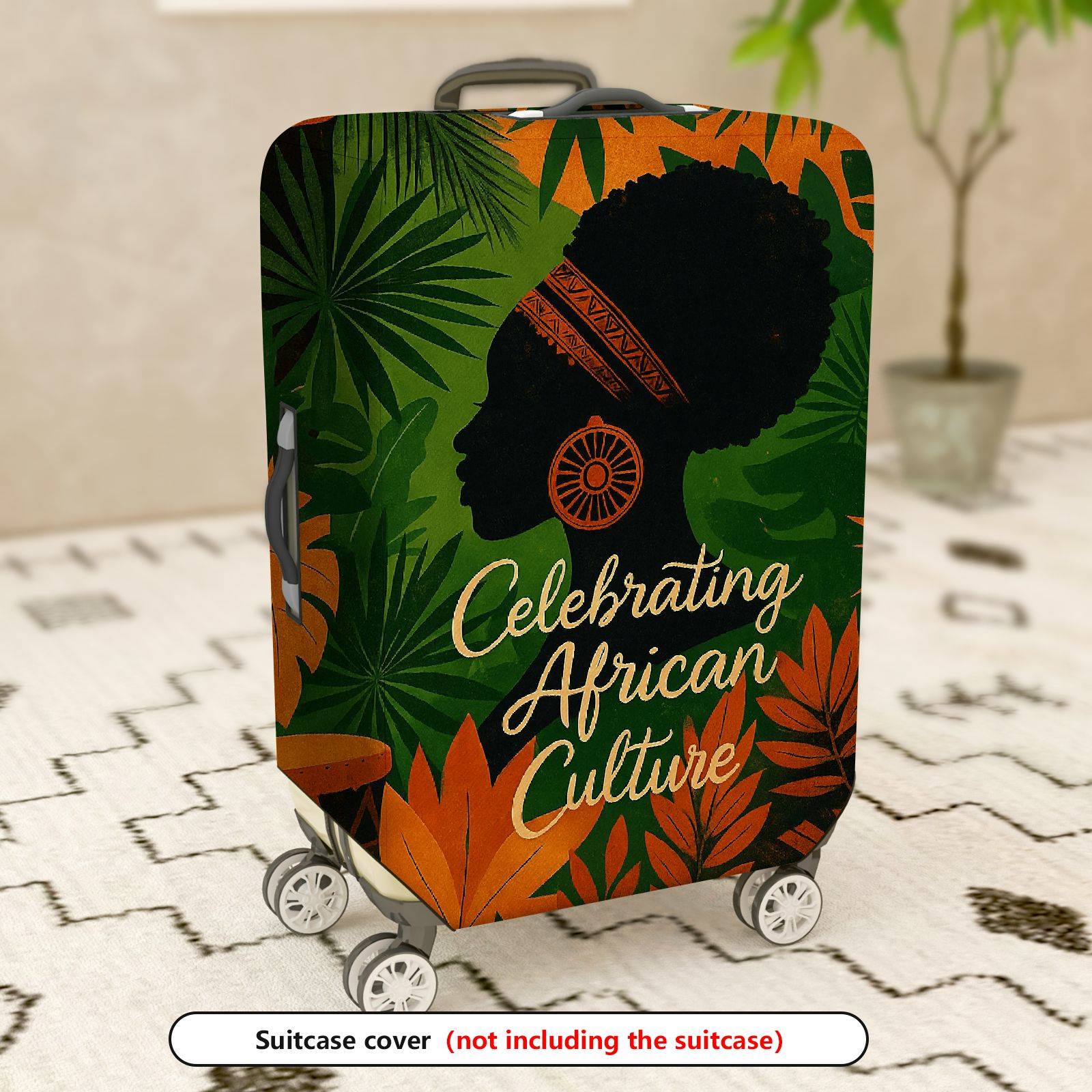 1-Piece African Culture Green Orange Black Silhouette Leaves  Suitcase Luggage Cover, Stretch Protective Sleeve