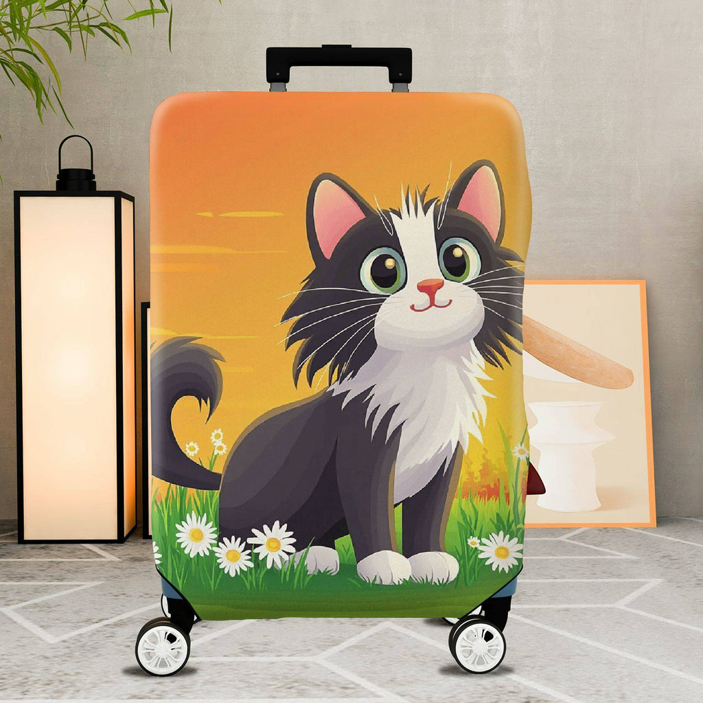 1-Piece Cute Cat Daisy Floral Orange Artistic Graphic  Suitcase Luggage Cover, Stretch Protective Sleeve