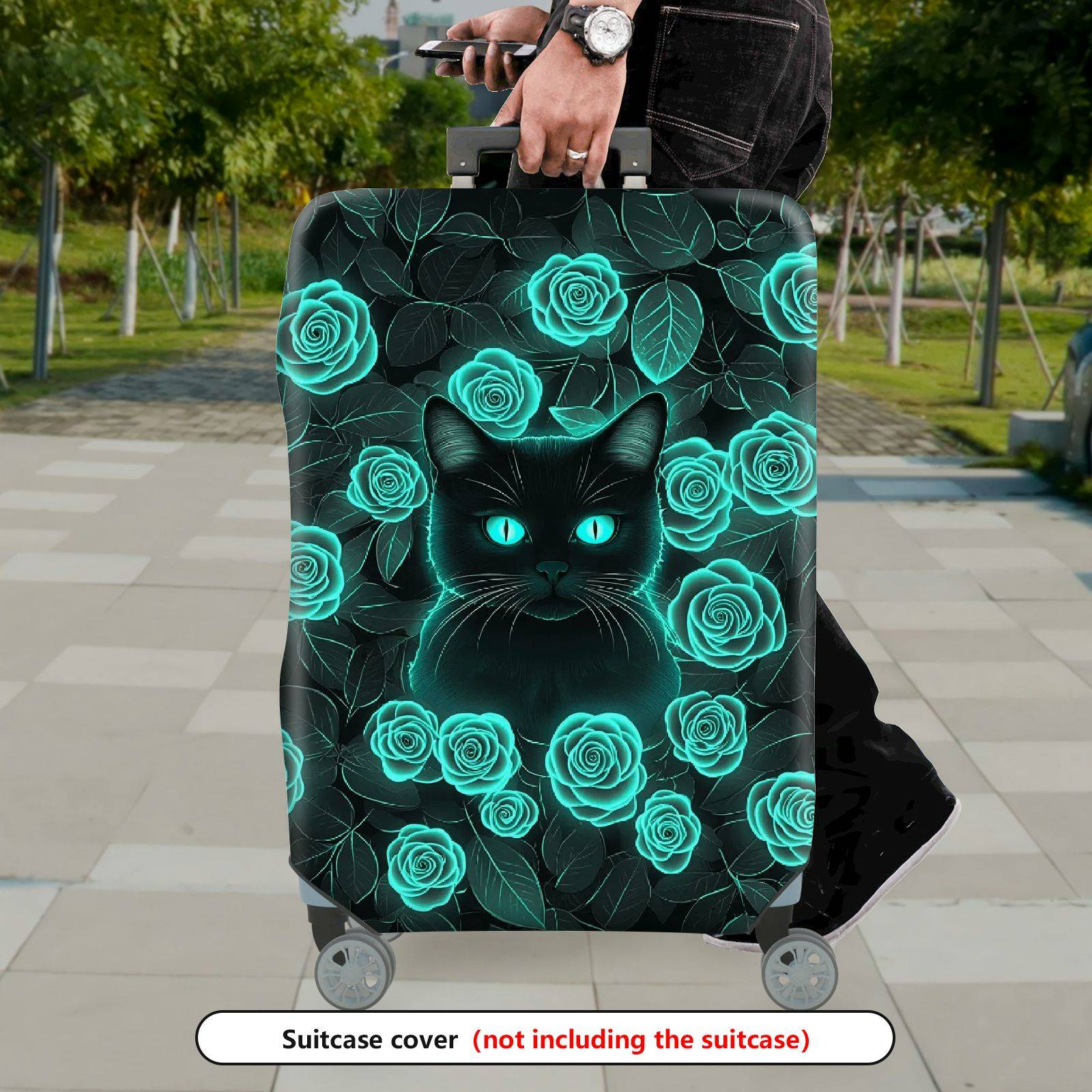 1-Piece Black Cat Green Rose Floral Art  Design  Suitcase Luggage Cover, Stretch Protective Sleeve