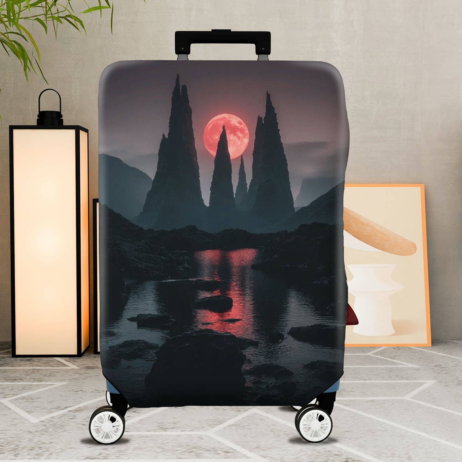 1-Piece Fantasy Landscape Red Moon Night Sky Mountain Reflection  Suitcase Luggage Cover, Stretch Protective Sleeve
