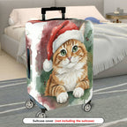 1-Piece Christmas Cat Santa Hat Watercolor Holiday  Suitcase Luggage Cover, Stretch Protective Sleeve