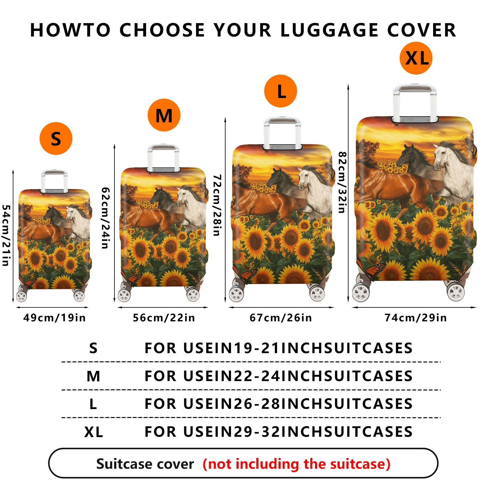 1-Piece Horse Sunflower Butterfly Sunset Landscape  Suitcase Luggage Cover, Stretch Protective Sleeve