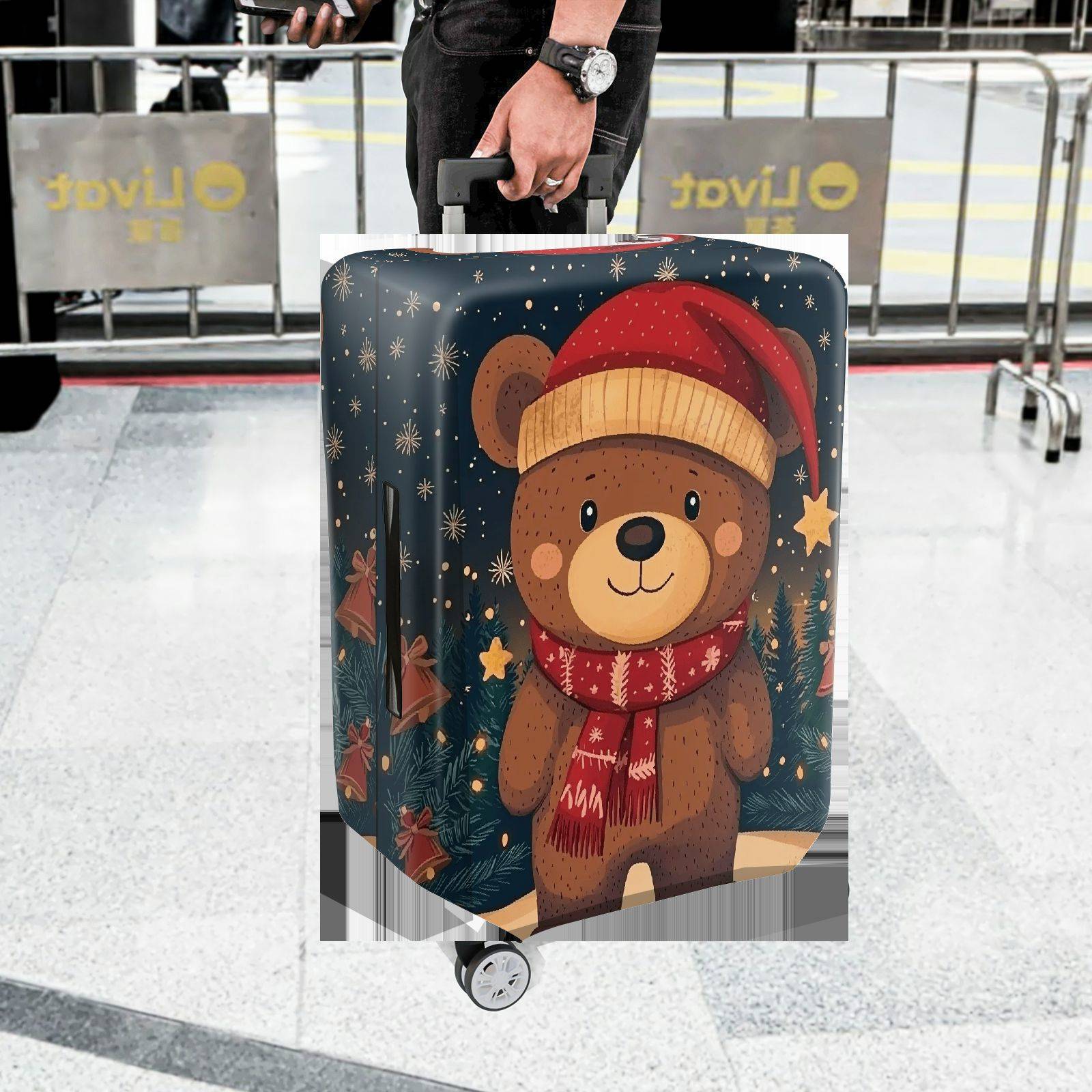 1-Piece Bear Christmas Winter Holiday Festive Cute  Suitcase Luggage Cover, Stretch Protective Sleeve