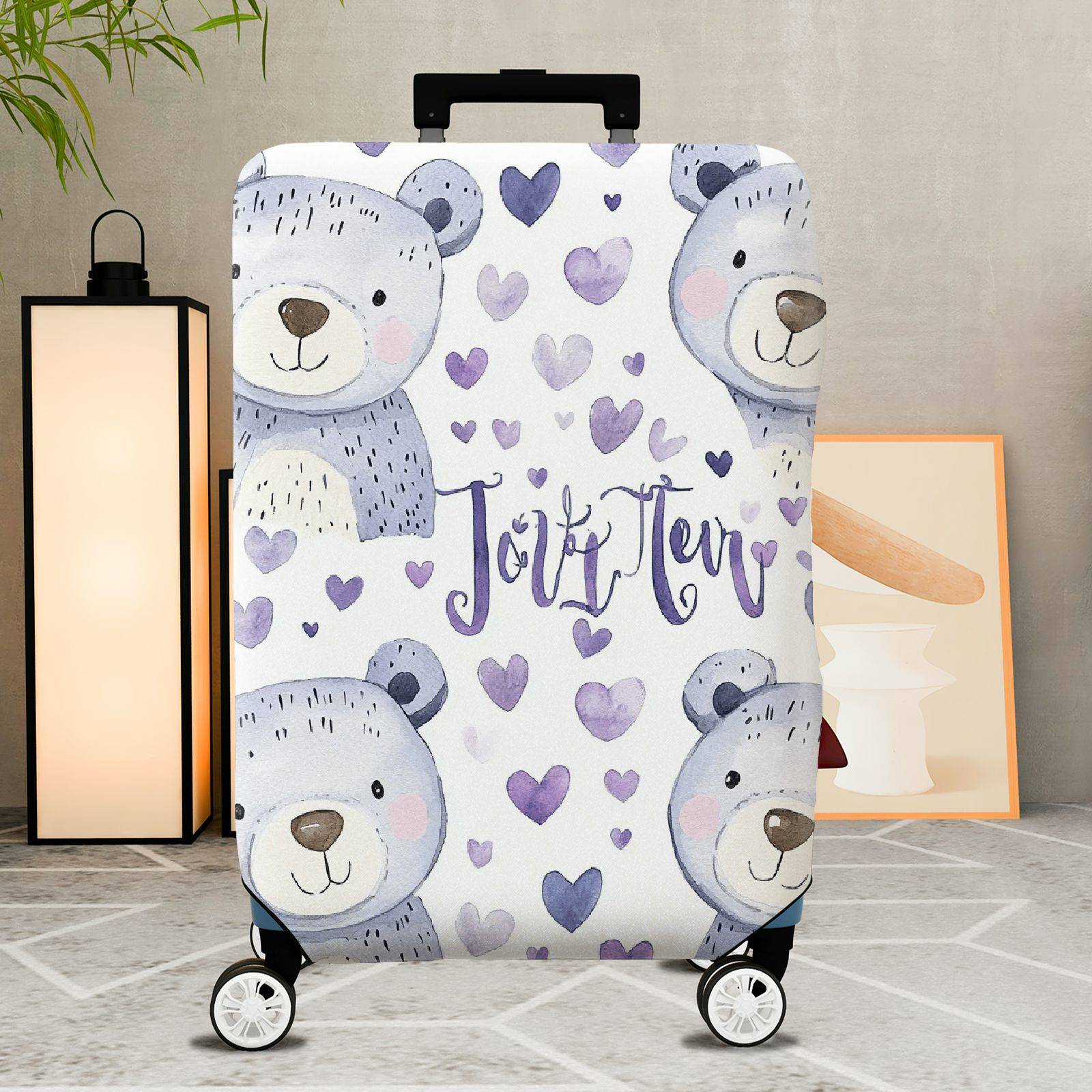 1-Piece Cute Bear Purple Heart  Travel  Suitcase Luggage Cover, Stretch Protective Sleeve
