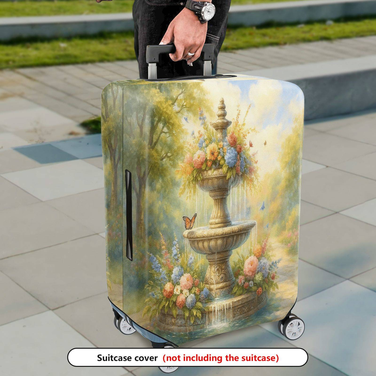 1-Piece Fountain Flower Butterfly Landscape Artistic  Suitcase Luggage Cover, Stretch Protective Sleeve