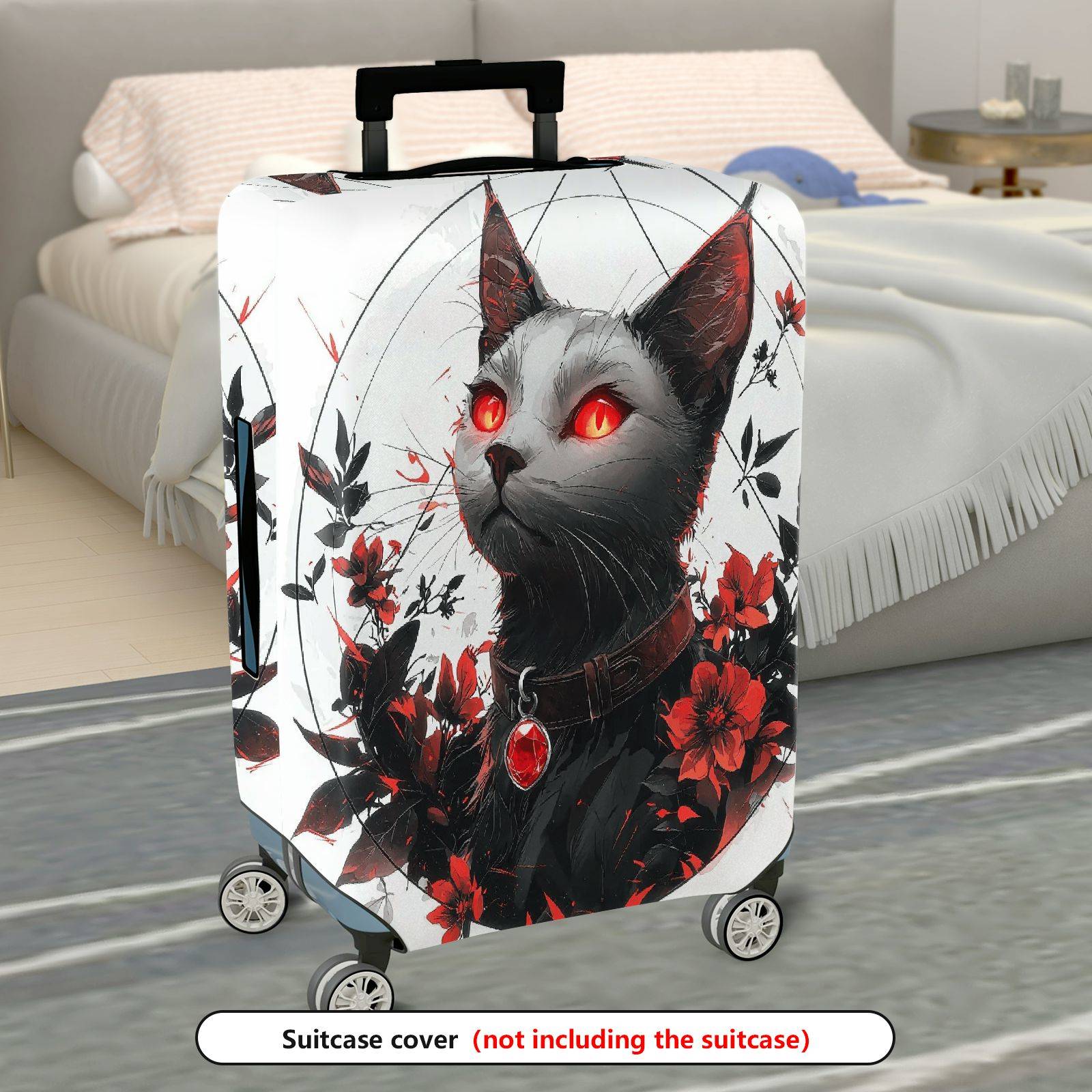1-Piece Black Cat Red Eyes Floral Gothic Art  Suitcase Luggage Cover, Stretch Protective Sleeve