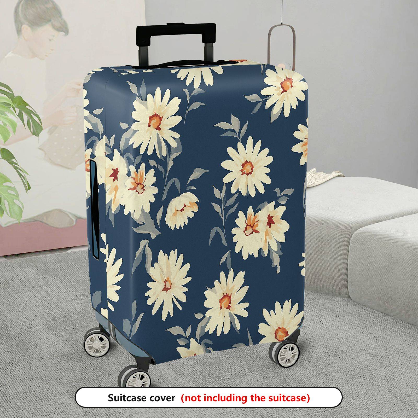 1-Piece Floral Daisy Pattern Blue Luggage  Suitcase Luggage Cover, Stretch Protective Sleeve
