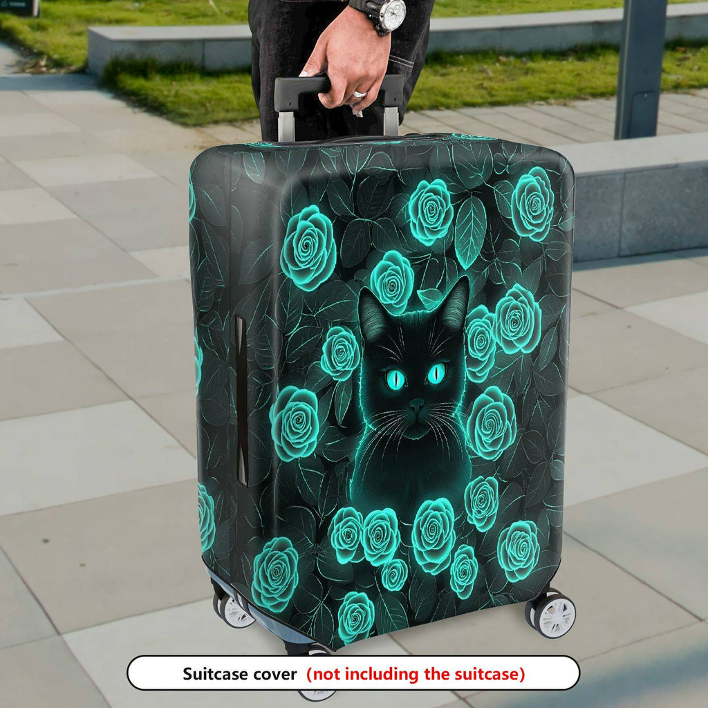 1-Piece Black Cat Green Rose Floral Art  Design  Suitcase Luggage Cover, Stretch Protective Sleeve